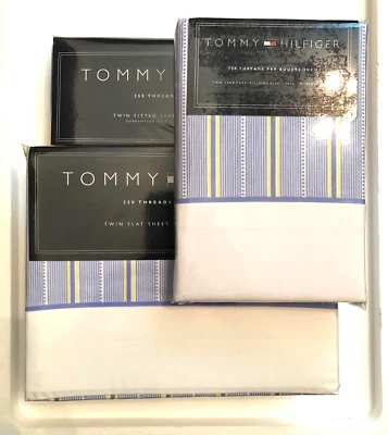 CONJUNTO DE LENÇÓIS DUPLO 4 peças listras amarelas azuis algodão ~ NOVO Belinda Tommy Hilfiger  - Imagem 1 de 4