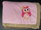 Rn 119741 Pink Baby Blanket Embroidered Owl Girl Flower Brown Trim Sherpa Lovey
