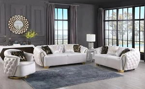 NEW 3PC White Gold Sofa Loveseat Chair Tufted Velvet Modern Luxury Living Room - Picture 1 of 5