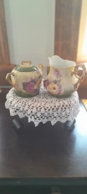 Antique Germany Creamer & Sugar Bowl Set Green with Pink & Yellow Roses - Image 1 of 4