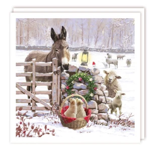 Donkey Sheep Labrador Puppies at Snowy Farm Gate 10 Charity Christmas Cards Pack - Picture 1 of 1