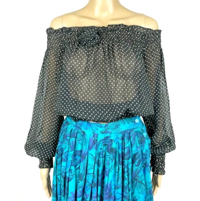 Blusa recortada de colección años 80 FRANCIA negra blanca a lunares transparente al hombro talla 8 10 Foto 1 de 4