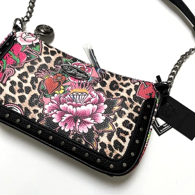 Ed Hardy Leopard Print Floral Skull Shoulder Bag • Y2K Tattoo Crossbody Studded - Image 1 of 4