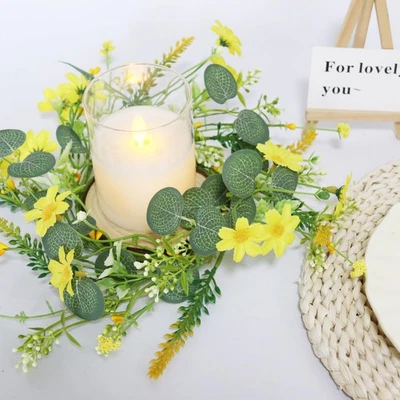 Fall Small Daisy Candle Rings Wreaths 2 Pack Artificial Eucalyptus Sunflower ... - Image 1 of 4