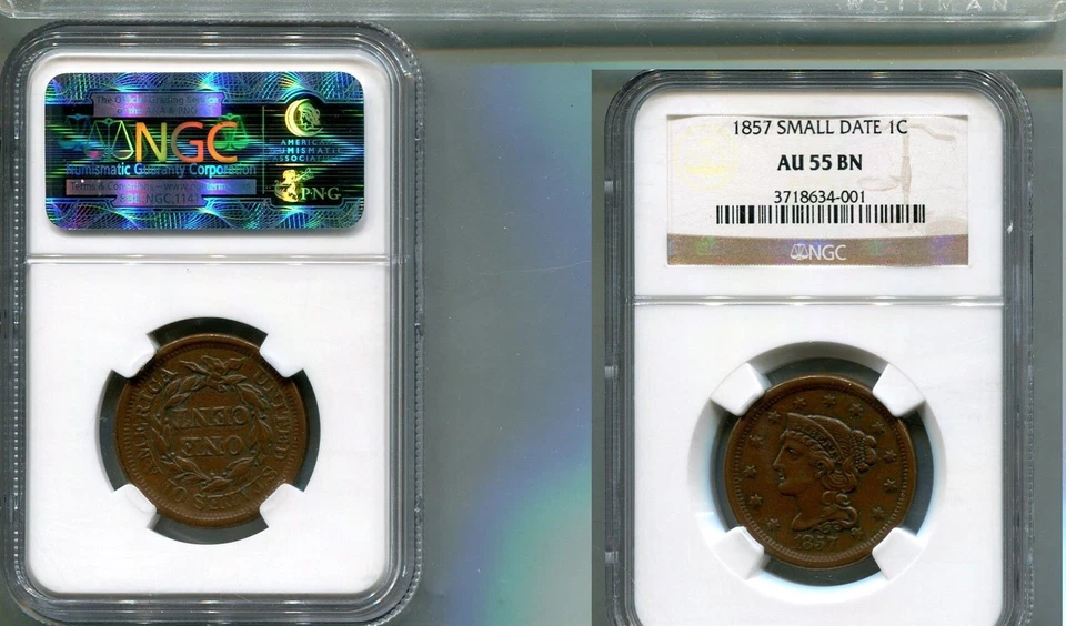 1857 SMALL DATE BRAIDED HAIR LARGE CENT TYPE COIN NGC AU55 BN 5249T - Image 1 of 1