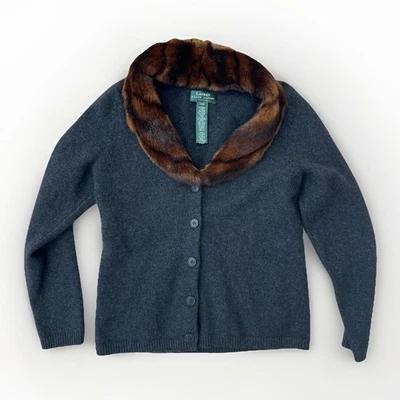 Ralph Lauren Fur Collar Cardigan P/M Gray Wool Angora Cashmere Blend Penny Lane - Image 1 of 4