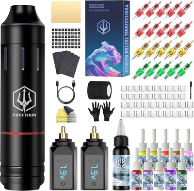 BRANDED POSEIDON Tattoo Machine Kit - Rotary Pen with 20 Cartridge Needles for Beginners