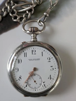 Schöne alte Taschenuhr mit Kette + Silbermünze v. UNION HORLOGÈRE 800er Silber - Bild 1 von 4