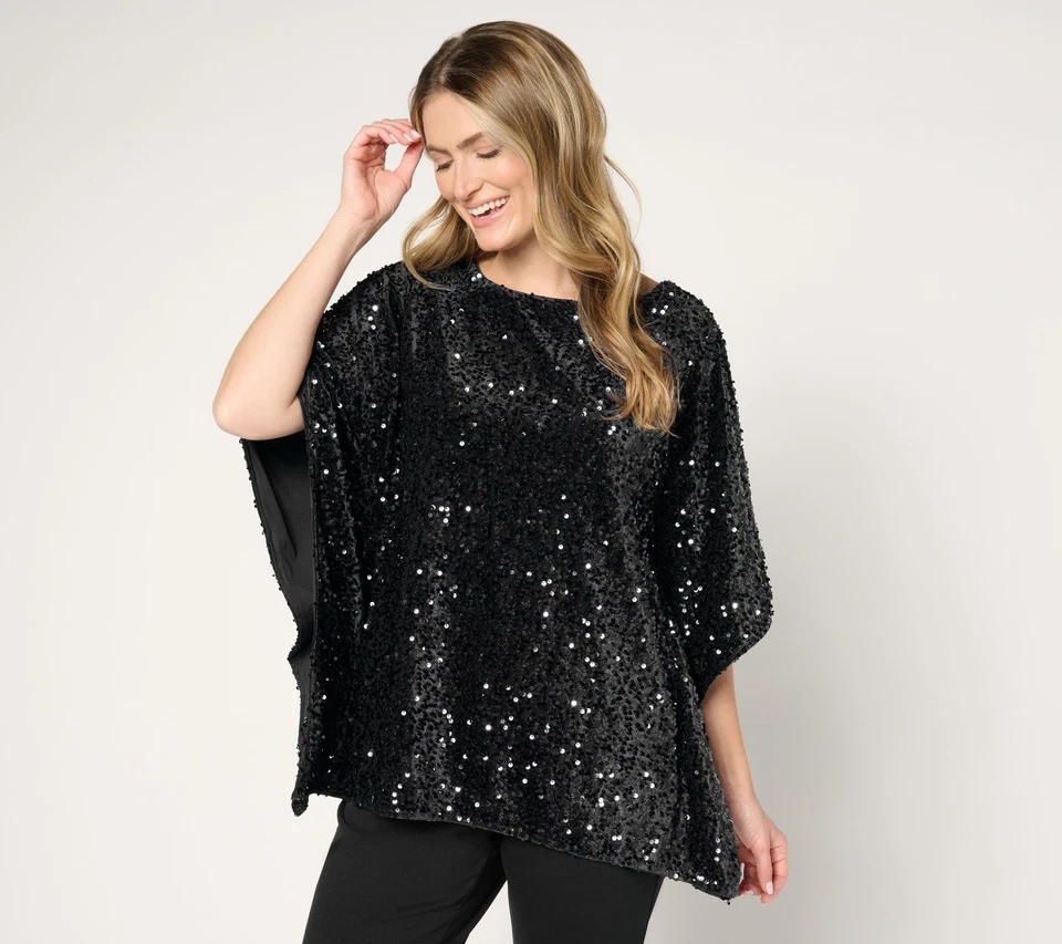 Poncho Belle by Kim Gravel Lentejuelas Terciopelo Negro 2X Nuevo Foto 1 de 1