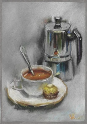 оригинальный рисунок A4 68VsK художественная работа пастель современный реализм утренний кофе - Изображение 1 из 4