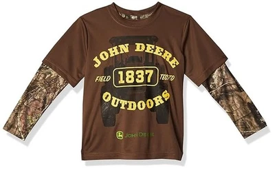 John Deere Long Sleeve Youth Size 5 Poly Tee with Mossy Oak Sleeves - Image 1 of 4