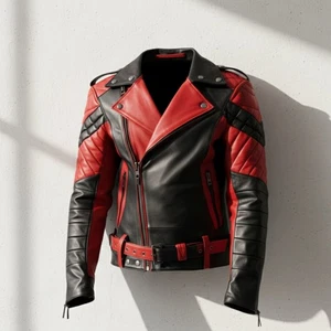 Mens Red & Black Leather Jacket Lambskin Leather Biker Jacket Handmade Slim Fit - Picture 1 of 8