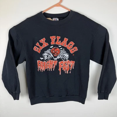 Sudadera De Colección Años 80 Six Flags Parque Temático Fright Fest Negra Grande EE. UU. RARA DIFÍCIL DE ENCONTRAR Foto 1 de 4