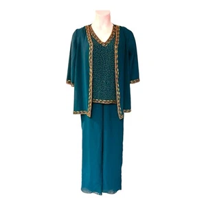 plus 1X Teal Georgette Gold Beaded Midnight Velvet Formal Wedding MOB Pant Suit - Picture 1 of 19