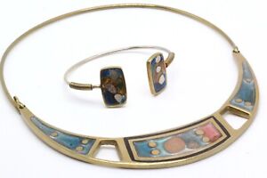 Vintage 80's Fused Dichroic Glass Brass Studio Architectural Collar Necklace Set