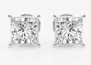 3.00 Ct Princess Cut GRA Real Moissanite Stud Earrings 14K White Gold - Picture 1 of 11