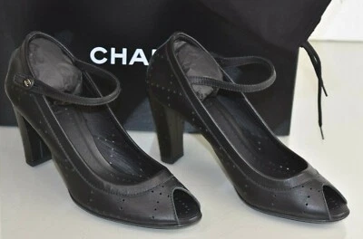 NEW Chanel Mary Jane Perforated Leather Pumps Black Peep Toe CC Logo Shoes 38 - Image 1 of 4