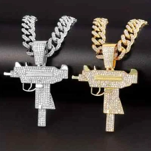Machine Gun Pendant & 13mm 20" Iced Cubic Zirconia Cuban Chain Hip Hop Necklace - Picture 1 of 6
