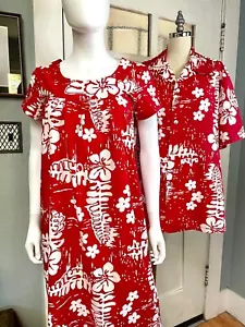 Vintage 60s Ui-Maikai red Hawaiian print honeymoon couple muumuu and shirt set - Picture 1 of 9