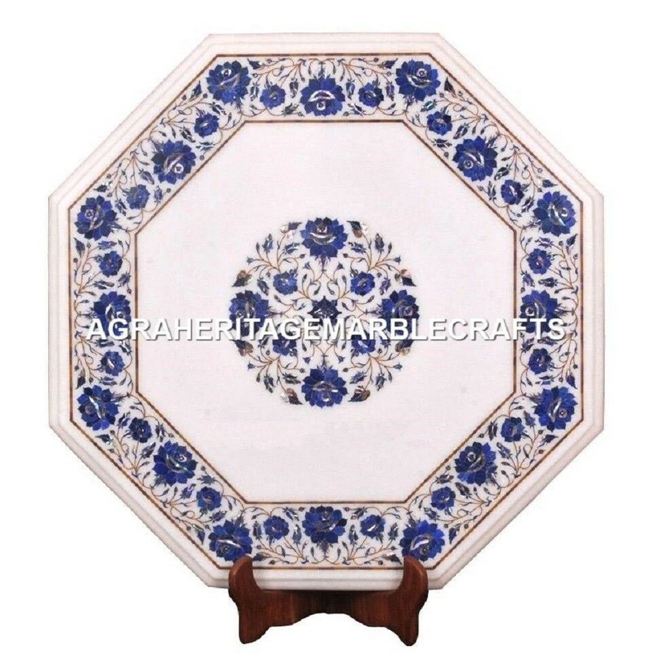 Marble Coffee Table Top Lapis Gemstone Mosaic Art Inlay Hallway Decor H1702 - Image 1 of 4