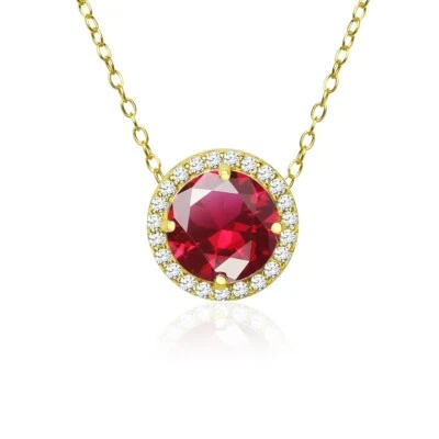 Round Halo Simulated Ruby & CZ Necklace in Gold Plated Sterling Silver - Image 1 of 4