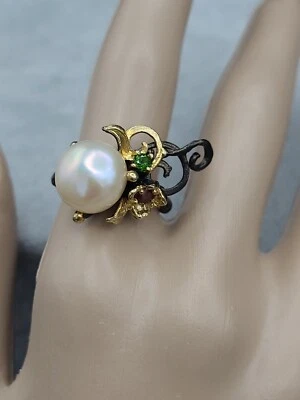 Unique Ladies Natural Pearl Chrome diopside Garnet Sterling Silver Ring Sz 7.25 - Image 1 of 4