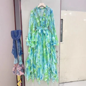Neu V-Ausschnitt grün Damen bedruckt Pilzkante Sommerkleid bedruckt Träger Rock - Bild 1 von 22