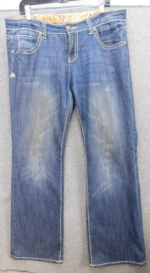 Pantalones de mezclilla para mujer Adiktd corte bota tiro medio embellecidos elásticos azules 12 largos 32x33 Foto 1 de 4