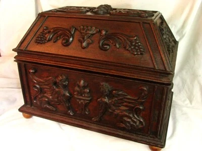 ANTIQUE COFFER CHEST CASKET CARVED ANGEL SPHINX HIPPOCAMPUS c.1920'S - Image 1 of 4