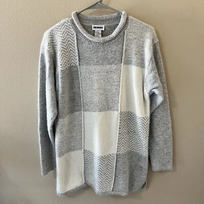 Suéter Erika Vintage Mujer Mediano Seda Lana Angora Gris Blanco Camisa Top Túnica Foto 1 de 4