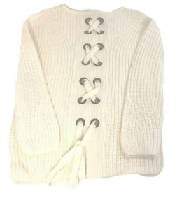 Poof Apparel L Girls white Holiday Sweater criss-cross metal grommets NWT $28 - Picture 1 of 5