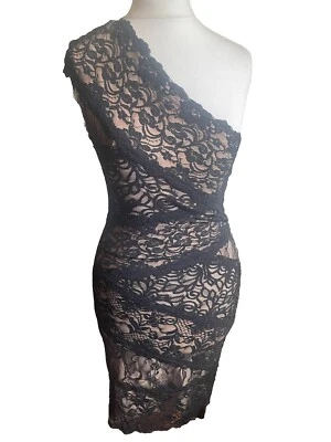 Y2K Bebe Mini Bodycon Dress Size Medium Black Lace Stretch One Shoulder 8 - image 1 of 4