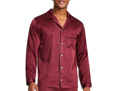 INC Para Hombres Rojo Satén Mangas Largas Bolsillo Camisa para Dormir Ropa de Salón, S Foto 1 de 3