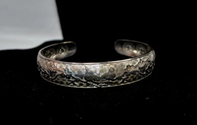 鸟樱花手链镀银花朵袖口蚀刻篮子复古喜鹊 — 第 1/4 张图片