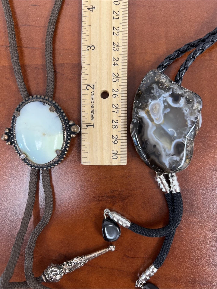 2 Colgantes Estilo Bolo Cuero Ágata Texas, Tela Cristal Roca Western Foto 1 de 4