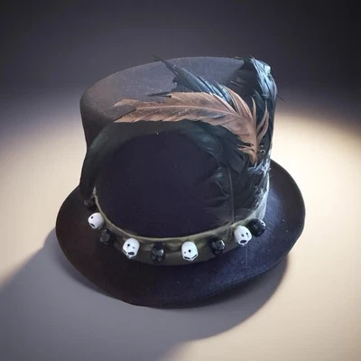 Black Felt Top Hat Halloween Steampunk Gothic Feather Skulls Cosplay Costume - Image 1 of 4