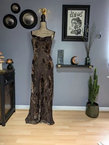VTG Early 90s Monsoon Brown Bias Cut Rose Patterned Dress Size UK 14/16 (US 12) - Picture 1 of 12