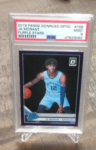 JA MORANT PSA 9 2019 PANINI DONRUSS OPTIC #168 PURPLE STARS RATED ROOKIE 20/29!! - Foto 1 di 4