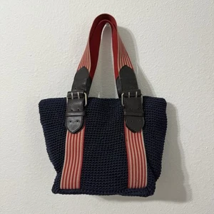 Coldwater Creek Navy Crochet Knit Double Handle Small Tote Bag Purse Vintage - Picture 1 of 10