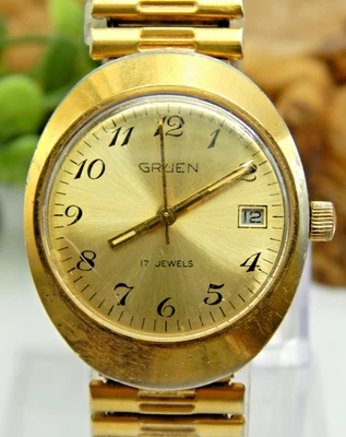 Reloj Pulsera Mecánico Cuerda Vintage 17 Joyas Gruen Caballeros Tono Dorado Foto 1 de 4