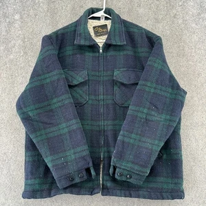 VTG Cal Craft Jacket Mens XL Black Green Plaid Sherpa Fleece Lined Coat USA 90s - Picture 1 of 11