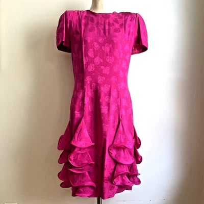 Vintage 80s Hot Pink Silk Studio Midi Dress Jacquard Short Sleeve Floral 8 - Image 1 of 4