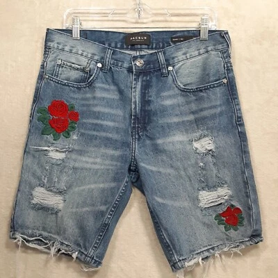 Pac Sun Mens Distressed Blue Jean Shorts Sz.32"/Flared/Embroidered Roses/Skinny - Image 1 of 4