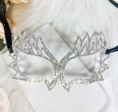 Silver Masquerade Mask, Venetian Mardi Gras Mask, AB Crystal Party Eye Mask - Image 1 of 4