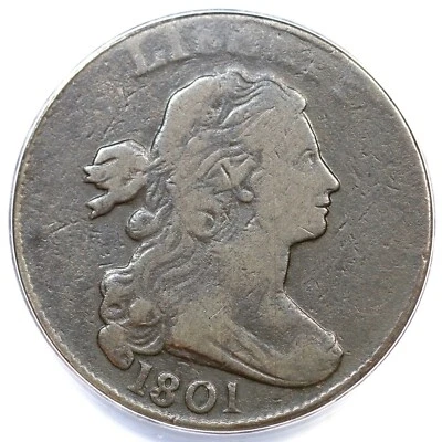 1801 S-219 R-2 ANACS VG 10 3 Error Rev Draped Bust Large Cent Coin 1c - Image 1 of 3