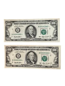 1993 Sequential $100 Dollar Bill Star Notes, Crispy Signature Required Mail FYI - Picture 1 of 2