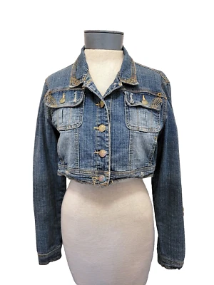 Size Large Squeeze Jeans Vintage Distressed Faded Medium Wash Jean Jacket - Image 1 of 4