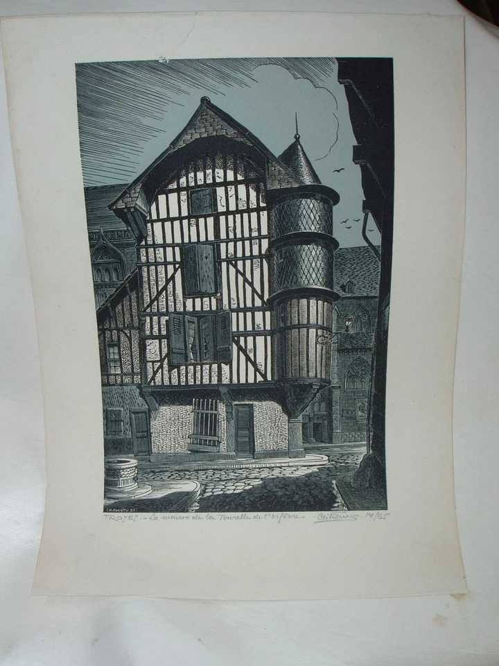 Charles FAVET, gravure sur bois originale, Troyes Maison Tourelle orfèvre  signé - Photo 1/1