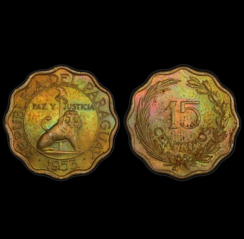 MS63 1953 Paraguay Lion 15 Centimos, PCGS Trueview- Rainbow Toned Wavy Edge Cover