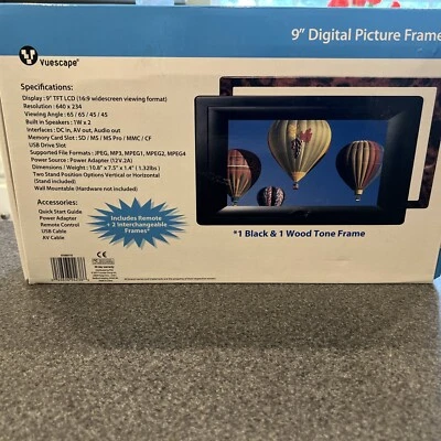 Vuescape 9" 16x9 Digital Picture Frame. Wood & Black Frame - New Open Box. - Image 1 of 4